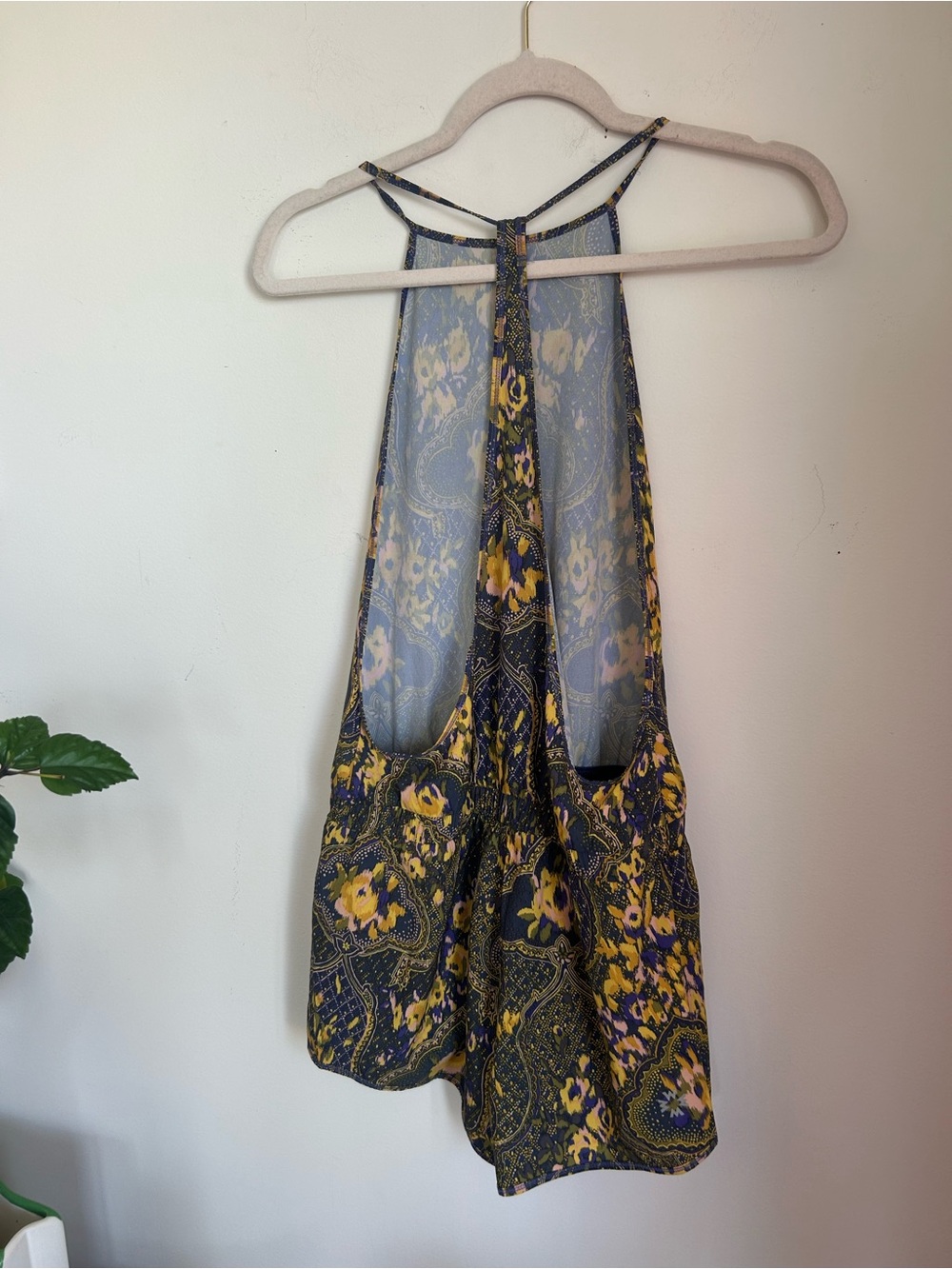Sleeveless Floral Paisley Halter Romper in Navy and Mustard - Picture 3 of 3